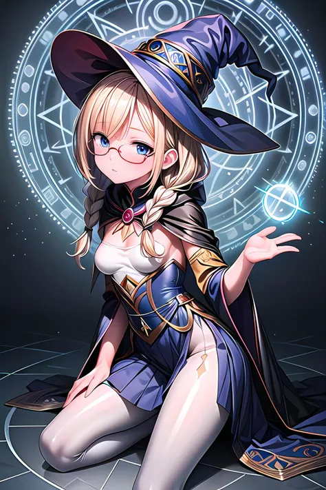 (masterpiece, top quality, best quality, official art, ultra-highres, beautiful and aesthetic:1.2, super detail, extremely detailed, extreme detailed, colorful, insanely detailed, highest detailed, ((ultra-detailed)), absurdres, HDR, intricate detail, (realistic, photorealistic), (highly detailed photo), ((an extremely delicate and beautiful)),(8k photo quality), detailed background, perfect lighting),
(1girl:1.3), (cute:1.3), (short body:1.5),
solo,
3d face,
(finely detailed beautiful eyes: 1.2, beautiful sensuous eyes, glowing eyes), skindentation, white skin, lustrous skin,
super detailed skin, ultimate shiny skin, textured skin, gleaming skin, glistening skin,
ultimate detailed face, perfect symmetrical face, ultra cute girl, ultra cute face,
ultra detailed eyes, shiny black hair, ultra detailed hair, ultra cute,
ultra beautiful, nice hands, perfect hands, perfect fingers,
perfect anatomy, beauty bone, anatomically correct, perfect eyes,
short torso, hanging breasts, narrow waist, wide hips,
BREAK
small breasts, blonde hair, straight hair, blue eyes, single braid, glasses,
blue witch hat, wearing blue witch robe, blue witch cape, blue witch clothes, blue witch shirt, blue long skirt, white pantyhose, holding witch wand,
dynamic pose, magician's academy, magic circle on floor, thunder magic, lightning magic,
(looking at viewer:1.0), from behind,
<Lycoris:GoodHands-vanilla:1> <lora:flat2:-0.5> <lora:Silicon-landscape-isolation:0.5> <lora:pikas-lighting-isolation:0.5> <lora:hyperrefiner_v090:1>