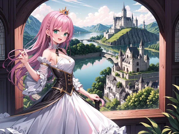 insanely detailed, absurdres, ultra-highres, ultra-detailed, best quality,
1 girl, solo, nice hands, perfect hands,
BREAK,
(wearing princess dress), teara,
happy smile, laugh, open mouth,
standing,
from side, cowboy shot, looking at viewer,
BREAK,
slender, kawaii, perfect symmetrical face, ultra cute girl, ultra cute face, ultra detailed eyes, ultra detailed hair, ultra cute, ultra beautiful,
BREAK,
fantasy world, (castle in background, lake:1.3), (very wide, panorama view, sense of depth, magnificent view:1.3)
BREAK,
princess girl, pink hair, green eyes, medium breasts