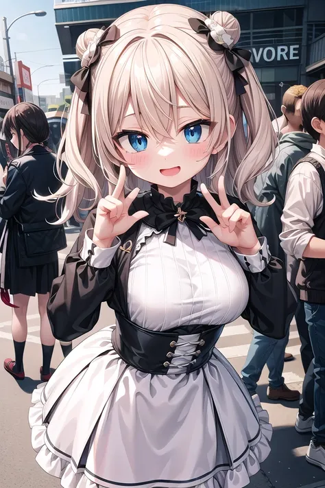 insanely detailed, absurdres, ultra-highres, ultra-detailed, best quality,
1girl, solo, nice hands, perfect hands,
BREAK
(wearing harajuku-style coordinate),
happy smile, laugh, open mouth,
dynamic pose,
45 angle, cowboy shot,
BREAK
slender, kawaii, perfect symmetrical face, ultra cute girl, ultra cute face, ultra detailed eyes, ultra detailed hair, ultra cute, ultra beautiful,
BREAK
in harajuku, shibuya, tokyo, street, crowd, cityscape,
medium large breasts,
BREAK, (white) blonde hair, medium hair, messy hair, blue eyes, hair between eyes