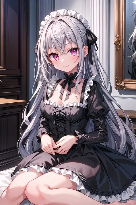 ((masterpiece:1.4, best quality)), ((masterpiece, best quality)),
one girl, cute girl, silver hair, long hair, pink eyes, smile, black gothic dress, white frill, hair dress,
indoors, castle, gothic, cute pose