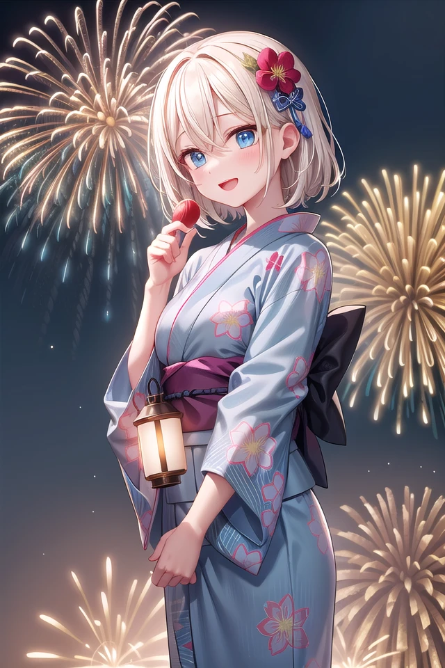insanely detailed, absurdres, ultra-highres, ultra-detailed, best quality,
1girl, solo, nice hands, perfect hands,
BREAK
(traditional blue yukata, exquisitely detailed yukata patterns, yukata with many many flower patterns: 1.3),
BREAK
happy smile, laugh, open mouth, standing, seductive pose,
from below, cowboy shot,
BREAK
slender, kawaii, perfect symmetrical face, ultra cute girl, ultra cute face, ultra detailed eyes, ultra detailed hair, ultra cute, ultra beautiful,
BREAK
(fireworks, rainbow colored fireworks, sky filled with fireworks, many many fireworks, aerial fireworks, firecrackers, many object, a lot of glowing particles, Sparks of seven colors, fireworks fill the screen, Fill the screen, surrounded by fireworks, beautiful detailed fireworks:1.30),
(fireworks fill the screen, surrounded by fireworks, beautiful detailed fireworks:1.3),
BREAK
(at night), festive atmosphere, summer festival vibes, illuminated lanterns, crowded with people, festive decorations, extremely detailed background,
BREAK
(white) blonde hair, medium hair, messy hair, blue eyes, hair between eyes