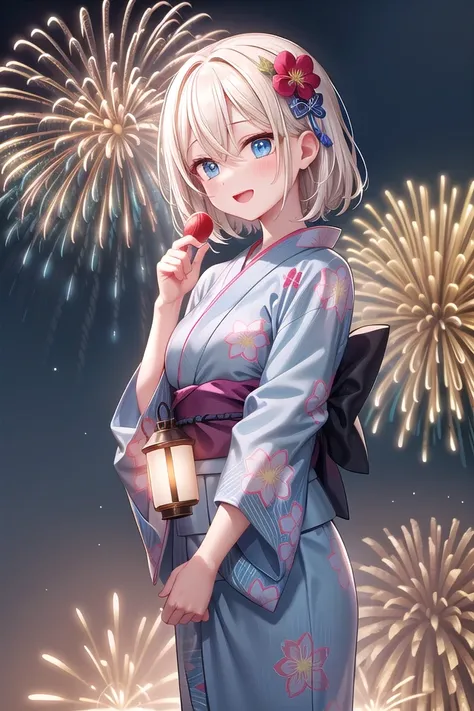 insanely detailed, absurdres, ultra-highres, ultra-detailed, best quality,
1girl, solo, nice hands, perfect hands,
BREAK
(traditional blue yukata, exquisitely detailed yukata patterns, yukata with many many flower patterns: 1.3),
BREAK
happy smile, laugh, open mouth, standing, seductive pose,
from below, cowboy shot,
BREAK
slender, kawaii, perfect symmetrical face, ultra cute girl, ultra cute face, ultra detailed eyes, ultra detailed hair, ultra cute, ultra beautiful,
BREAK
(fireworks, rainbow colored fireworks, sky filled with fireworks, many many fireworks, aerial fireworks, firecrackers, many object, a lot of glowing particles, Sparks of seven colors, fireworks fill the screen, Fill the screen, surrounded by fireworks, beautiful detailed fireworks:1.30),
(fireworks fill the screen, surrounded by fireworks, beautiful detailed fireworks:1.3),
BREAK
(at night), festive atmosphere, summer festival vibes, illuminated lanterns, crowded with people, festive decorations, extremely detailed background,
BREAK
(white) blonde hair, medium hair, messy hair, blue eyes, hair between eyes