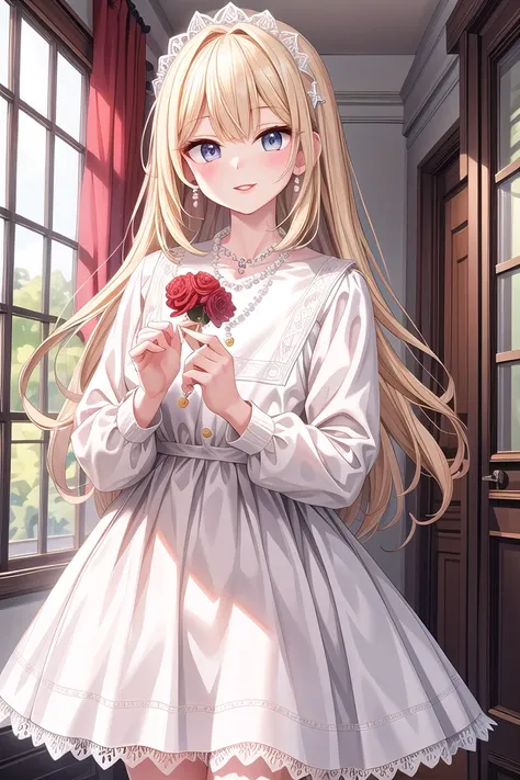 insanely detailed, absurdres, ultra-highres, ultra-detailed, best quality,
1girl, solo, nice hands, perfect hands,
BREAK
(dress, eyelashes, jewelry, lace trimmed dress, lace trim, lips, necklace, pearl necklace, red lips, white dress:1.3)
BREAK
happy smile, laugh, closed mouth, standing,
,
cute pose, cowboy shot, looking at viewer
BREAK
slender, kawaii, perfect symmetrical face, ultra cute girl, ultra cute face, ultra detailed eyes, ultra detailed hair, ultra cute, ultra beautiful,
BREAK
in hotel room
BREAK
large breasts, blonde long hair, bangs, (cleavage:-1.5)