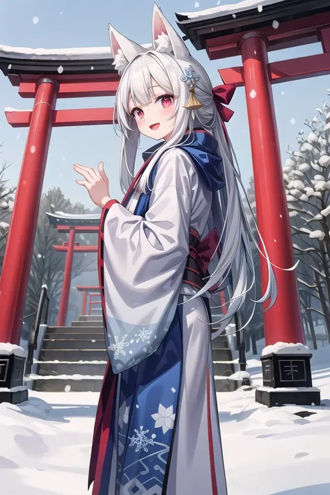 insanely detailed, absurdres, ultra-highres, ultra-detailed, best quality,
1girl, solo, nice hands, perfect hands,
BREAK
miko, hanfu, winter hanfu, cloak, (bare shoulder:-1.5), (cleavage:-1.5)
BREAK
happy smile, laugh, open mouth, standing,
from side,
cute pose, cowboy shot,
BREAK
slender, kawaii, perfect symmetrical face, ultra cute girl, ultra cute face, ultra detailed eyes, ultra detailed hair, ultra cute, ultra beautiful,
BREAK
japan, shrine, snowing, snowflake, snow, torii gate, stone steps, shrine architecture
BREAK
(white blue hair:1.2), very long hair, red eyes, two-tone hair, hair ornament, fox ears, fox tail, multiple tails,