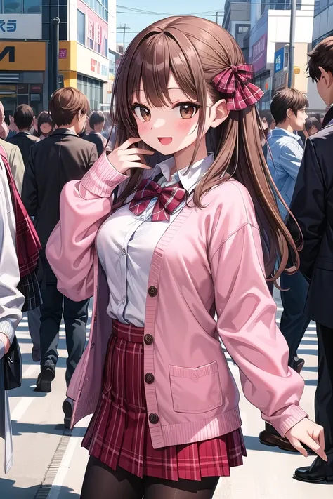 insanely detailed, absurdres, ultra-highres, ultra-detailed, best quality,
1girl, solo, nice hands, perfect hands,
BREAK
(School Uniforms:1.2), (pink cardigan is fit body:1.4), ((do up a buttons, not loose):1.5), ((long sleeve, sleeves past wrists):1.2), (inner wear is white collared-shirt:1.3), (red plaid-pattern bow:1.3), (red plaid-pattern pleated skirt:1.3), ((dark-brown pantyhose, loafers):1.2) 
BREAK
happy smile, laugh, open mouth, standing,
from side,
cute pose, cowboy shot,
BREAK
slender, kawaii, perfect symmetrical face, ultra cute girl, ultra cute face, ultra detailed eyes, ultra detailed hair, ultra cute, ultra beautiful,
BREAK
in harajuku, shibuya, tokyo, street, crowd, cityscape,
BREAK
medium large breasts,
(brown hair, brown eyes), hime cut