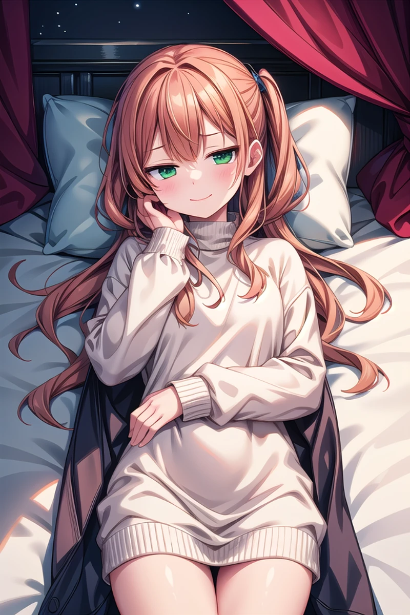 <lora:sensualface_type1_v3:1>
insanely detailed, absurdres, ultra-highres, ultra-detailed, best quality,
1girl, solo, adult, nice hands, perfect hands,
BREAK,
wearing sweater,(cleavage:-1.5),
happy smile, laugh, closed mouth,
(lying on bed), seductive pose, cowboy shot, from above,
BREAK,
slender, kawaii, perfect symmetrical face, ultra cute girl, ultra cute face, ultra detailed eyes, ultra detailed hair, ultra cute, ultra beautiful,
by Canon EOS, SIGMA Art Lens 35mm F1.4, ISO 200 Shutter Speed 2000,
elegant hotel room, closed curtains, antique interior, ultra detailed background,
cinematic light, indirect lighting, evening light, depth of field,
medium breasts, cleavage,
BREAK,
(orange medium hair, green eyes),
