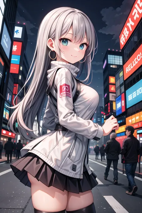 insanely detailed, absurdres, ultra-highres, ultra-detailed, best quality,
1girl, solo, nice hands, perfect hands
BREAK
(Cyberpunk theme:1.2), ((wear an oversized white turtleneck with holographic circuit pattern) paired with (black A-line layered skirt):1.2), (black thigh-high boots:1.2)
BREAK
(silver accessories:1.2), (silver hoop earrings:1.2), (silver ankle bracelet:1.2)
BREAK
happy smile, laugh, closed mouth
BREAK
from side,
standing, cowboy shot, looking at viewer
BREAK
slender, kawaii, perfect symmetrical face, ultra cute girl, ultra cute face, ultra detailed eyes, ultra detailed hair, ultra cute, ultra beautiful
BREAK
shibuya, akihabara, tokyo, street, crowd, cityscape, depth of field, ultra detailed background
BREAK
large breasts
BREAK
pink hair, dark green eyes, afro,