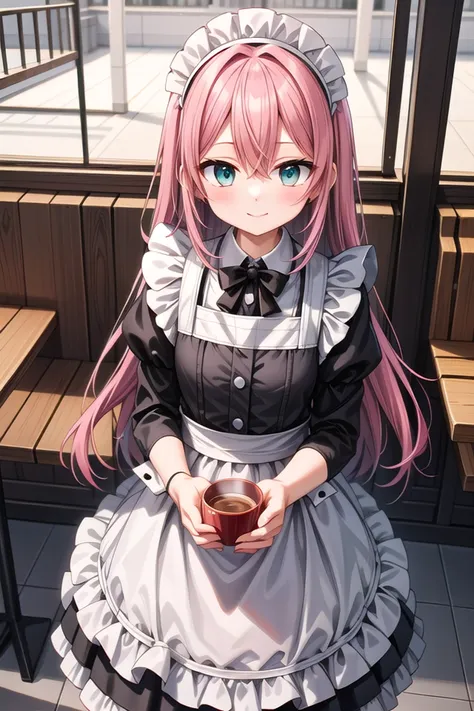 insanely detailed, absurdres, ultra-highres, ultra-detailed, best quality,
1girl, solo, nice hands, perfect hands
BREAK
(cleavage:-1.5),
(classical maid:1.2),
apron, blush, bow, bowtie, frilled apron, frills, long sleeves, maid, maid apron, maid headdress, waist apron, white apron,
(maid costume, maid hair dress:1.3), long skirt
BREAK
happy smile, laugh, closed mouth
BREAK
from above,
standing, cowboy shot, looking at viewer
BREAK
slender, kawaii, perfect symmetrical face, ultra cute girl, ultra cute face, ultra detailed eyes, ultra detailed hair, ultra cute, ultra beautiful
BREAK
in coffee shop, indoors, depth of field, ultra detailed background
BREAK
medium breasts
BREAK
(pink hair, dark green eyes), long hair, hair between eyes