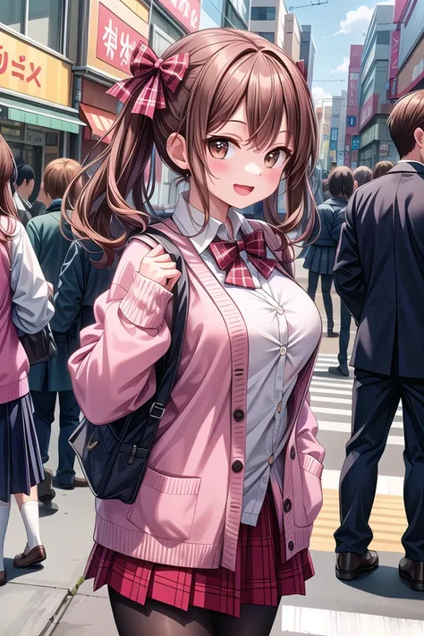 insanely detailed, absurdres, ultra-highres, ultra-detailed, best quality,
1girl, solo, nice hands, perfect hands
BREAK
(School Uniforms:1.2), (pink cardigan is fit body:1.4), ((do up a buttons, not loose):1.5), ((long sleeve, sleeves past wrists):1.2), (inner wear is white collared-shirt:1.3), (red plaid-pattern bow:1.3), (red plaid-pattern pleated skirt:1.3), ((dark-brown pantyhose, loafers):1.2)
BREAK
happy smile, laugh, open mouth, standing,
from side,
cute pose, cowboy shot
BREAK
slender, kawaii, perfect symmetrical face, ultra cute girl, ultra cute face, ultra detailed eyes, ultra detailed hair, ultra cute, ultra beautiful
BREAK
in harajuku, shibuya, tokyo, street, crowd, cityscape
BREAK
medium large breasts,
(brown hair, brown eyes), hime cut