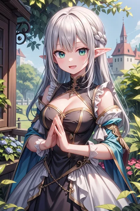 insanely detailed, absurdres, ultra-highres, ultra-detailed, best quality,
1girl, solo, nice hands, perfect hands
BREAK
elf girl, (wearing dress with many frills:1.2), (nsfw:-1.5), (navel:-1)
BREAK
happy smile, laugh, open mouth
BREAK
standing, cowboy shot, looking at viewer
BREAK
slender, kawaii, perfect symmetrical face, ultra cute girl, ultra cute face, ultra detailed eyes, ultra detailed hair, ultra cute, ultra beautiful
BREAK
fantasy world, garden of castle, depth of field, ultra detailed background
BREAK
large breasts, cleavage,
BREAK
silver hair, long hair, elf ear, green eyes