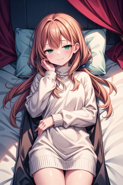 <lora:sensualface_type4_v3:1>
insanely detailed, absurdres, ultra-highres, ultra-detailed, best quality,
1girl, solo, adult,  nice hands, perfect hands,
BREAK,
wearing sweater,(cleavage:-1.5),
happy smile, laugh, closed mouth,
(lying on bed), seductive pose, cowboy shot, from above,
BREAK,
slender, kawaii, perfect symmetrical face, ultra cute girl, ultra cute face, ultra detailed eyes, ultra detailed hair, ultra cute, ultra beautiful,
by Canon EOS, SIGMA Art Lens 35mm F1.4, ISO 200 Shutter Speed 2000,
elegant hotel room, closed curtains, antique interior, ultra detailed background,
cinematic light, indirect lighting, evening light, depth of field,
medium breasts, cleavage,
BREAK,
(orange medium hair, green eyes),