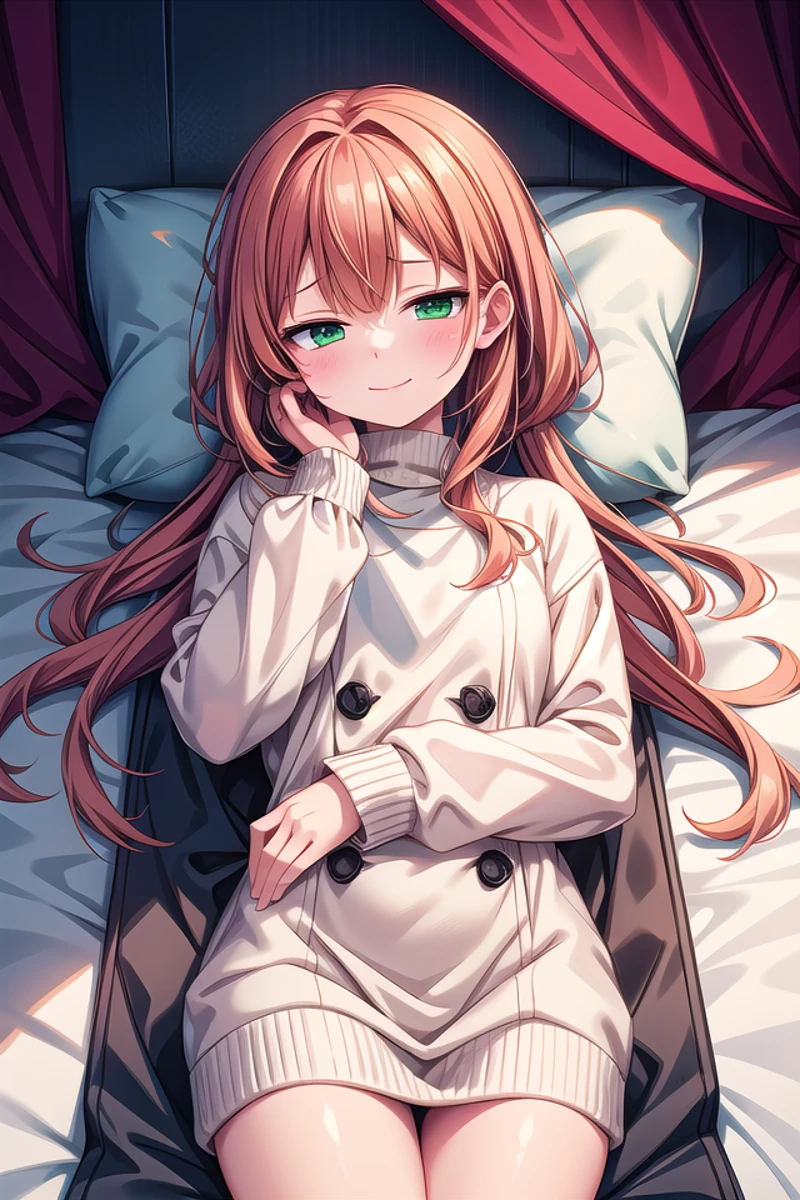 <lora:sensualface_type2_v3:1>
insanely detailed, absurdres, ultra-highres, ultra-detailed, best quality,
1girl, solo, adult, nice hands, perfect hands,
BREAK,
wearing sweater,(cleavage:-1.5),
happy smile, laugh, closed mouth,
(lying on bed), seductive pose, cowboy shot, from above,
BREAK,
slender, kawaii, perfect symmetrical face, ultra cute girl, ultra cute face, ultra detailed eyes, ultra detailed hair, ultra cute, ultra beautiful,
by Canon EOS, SIGMA Art Lens 35mm F1.4, ISO 200 Shutter Speed 2000,
elegant hotel room, closed curtains, antique interior, ultra detailed background,
cinematic light, indirect lighting, evening light, depth of field,
medium breasts, cleavage,
BREAK,
(orange medium hair, green eyes),