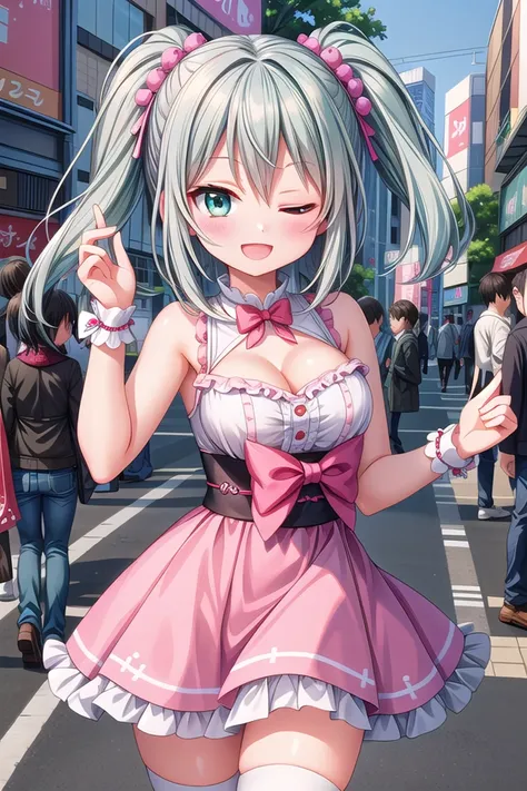 <lora:leftwink_v120:1.5>
insanely detailed, absurdres, ultra-highres, ultra-detailed, best quality,
1girl, solo, nice hands, perfect hands,
BREAK,
one eye closed, wink,
(wearing harajuku-style coordinate),
happy smile, laugh, open mouth,
dynamic pose, cowboy shot, looking at viewer,
BREAK,
slender, kawaii, perfect symmetrical face, ultra cute girl, ultra cute face, ultra detailed eyes, ultra detailed hair, ultra cute, ultra beautiful,
by Canon EOS, SIGMA Art Lens 35mm F1.4, ISO 200 Shutter Speed 2000,
in harajuku, shibuya, tokyo, street, crowd, cityscape,
large breasts, ,
BREAK,
(silver medium hair, dark green eyes), hair between eyes one eye closed, wink