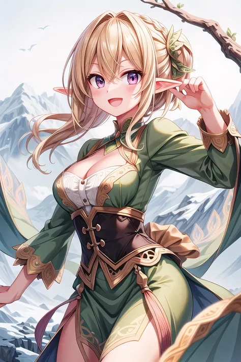 insanely detailed, absurdres, ultra-highres, ultra-detailed, best quality,
1girl, solo, nice hands, perfect hands
BREAK
elf girl, (wearing green dress:1.2), (nsfw:-1.5), (navel:-1)
BREAK
happy smile, laugh, open mouth
BREAK
standing, cowboy shot, looking at viewer
BREAK
slender, kawaii, perfect symmetrical face, ultra cute girl, ultra cute face, ultra detailed eyes, ultra detailed hair, ultra cute, ultra beautiful
BREAK
On the peak of a distant mountain, a gargantuan dragon from the ancient times roars, depth of field, ultra detailed background
BREAK
large breasts, cleavage,
BREAK
blonde hair, medium hair, elf ear, pink eyes