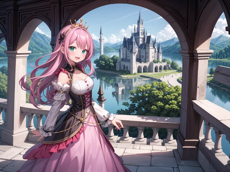 insanely detailed, absurdres, ultra-highres, ultra-detailed, best quality,
1 girl, solo, nice hands, perfect hands,
BREAK,
(wearing princess dress), teara,
happy smile, laugh, open mouth,
standing,
from side, cowboy shot, looking at viewer,
BREAK,
slender, kawaii, perfect symmetrical face, ultra cute girl, ultra cute face, ultra detailed eyes, ultra detailed hair, ultra cute, ultra beautiful,
BREAK,
fantasy world, (castle in background, lake:1.3), (very wide, panorama view, sense of depth, magnificent view:1.3)
BREAK,
princess girl, pink hair, green eyes, medium breasts