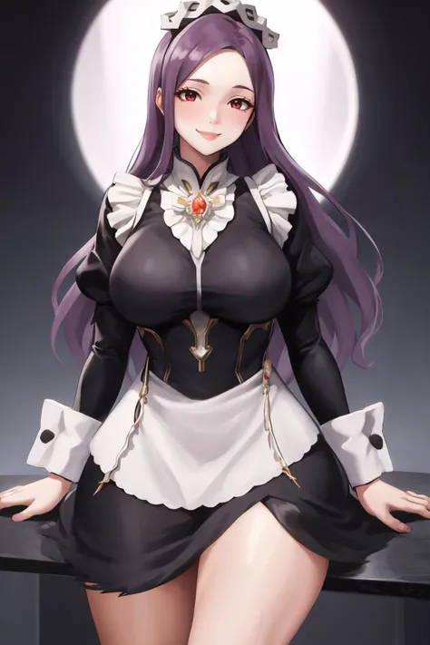 masterpiece, best quality, 1girl, solo, <lora:lemonadealpha-lo-richy-v1:1> lemalphadef, mature female <lora:FEFatesMaid_v1:1> fates maid, maid headdress, smile