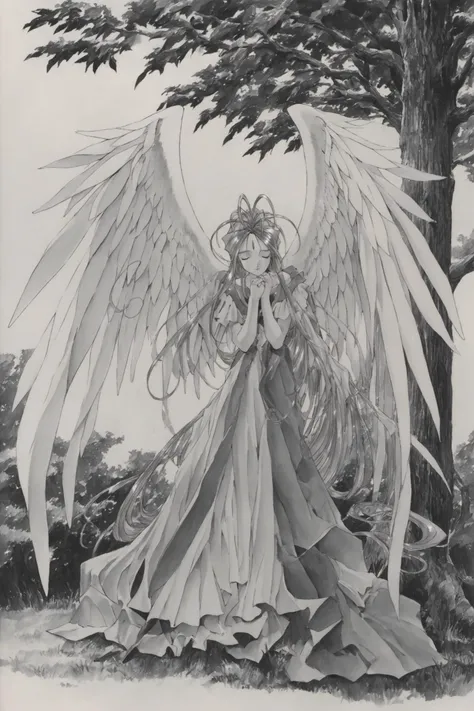 coloring book, anime style, white background, contour highlight, Fallen Angel Asuka Langley final dance, celestial dress, beautiful wings, white background, monochrome, lineart,