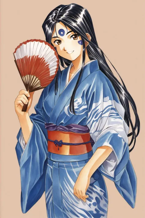 Skuld,1girl,solo,japanese clothes,kimono,long hair,uchiwa,paper fan,facial mark,hand fan,forehead mark,blue kimono,smile,yukata,black hair,brown eyes,simple background,obi,1990s (style),sash,traditional media,score_9,score_8_up,<lora:Kosuke Fujishima_XL_PONY_OM:0.9>,
