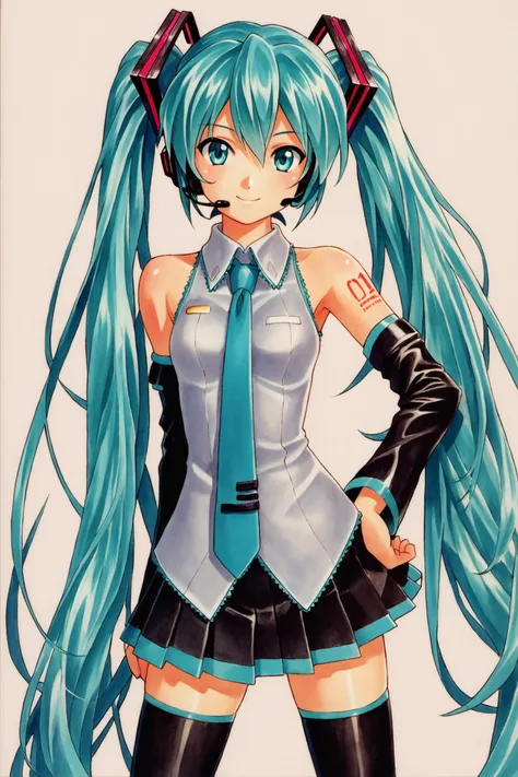 1girl,long hair,solo,hatsune miku,thighhighs,twintails,skirt,detached sleeves,very long hair,necktie,smile,aqua eyes,aqua hair,tattoo,shirt,black thighhighs,sleeveless,zettai ryouiki,black skirt,looking at viewer,headset,sleeveless shirt,hair ornament,pleated skirt,bare shoulders,aqua necktie,headphones,shoulder tattoo,white shirt,standing,black sleeves,miniskirt,traditional media,score_9,score_8_up,<lora:Kosuke Fujishima_XL_PONY_OM:0.8>,