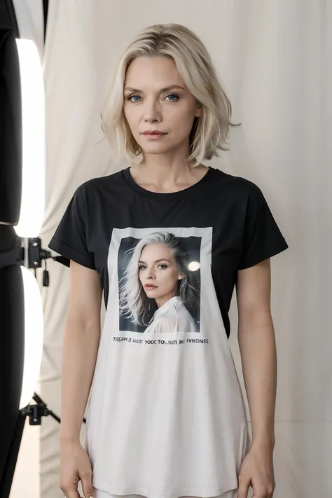 <lora:michelle-06:0.9> woman, michelle p,white hair,Graphic T-Shirt, Dress Pants,14mm - 35mm focal length, Overhead lighting with a single softbox (Overhead Softbox)., Bokeh,