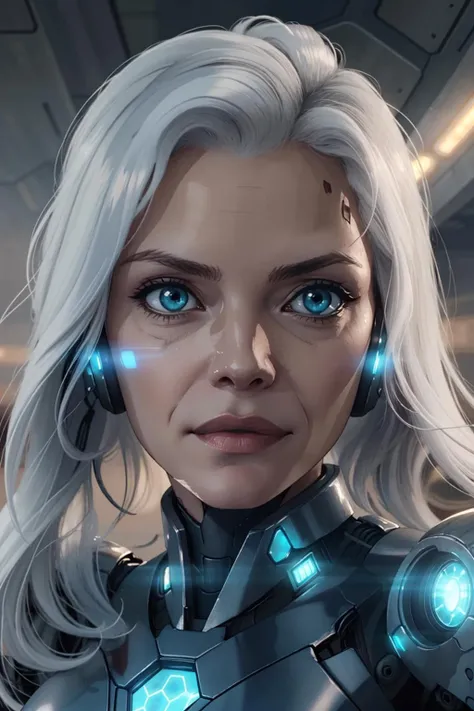<lora:michelle-06:0.9> woman, michelle p,long white hair,cyborg portrait, (bloody scars:0.7), looking at viewer, solo, (full body:0.6), detailed background, close up, detailed face, futuristic glowing iron armor, hexagonal pattern, batteries, bionics, headset, epic spaceship in background, flashes of light, screens, hologram, cinematic atmosphere,