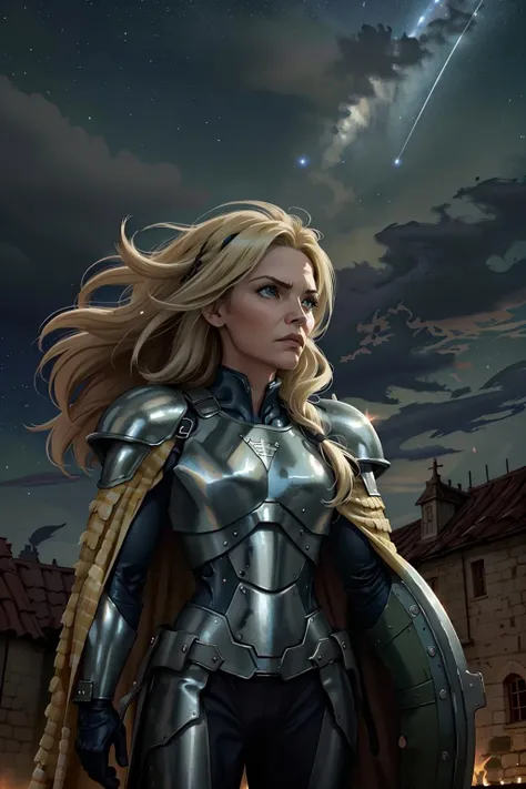 <lora:michelle-06:0.9> woman, michelle p,long blonde hair, solo, half shot, looking up, detailed background, detailed face, (<lora:Dra9onScaleAI:0.5>, Dr490nSc4leAI theme:1.1), defender, standing firm, resolute, shield, iron armor,   Light green cape, stonework in background, fortified, wind blowing, starry sky, medieval atmosphere,