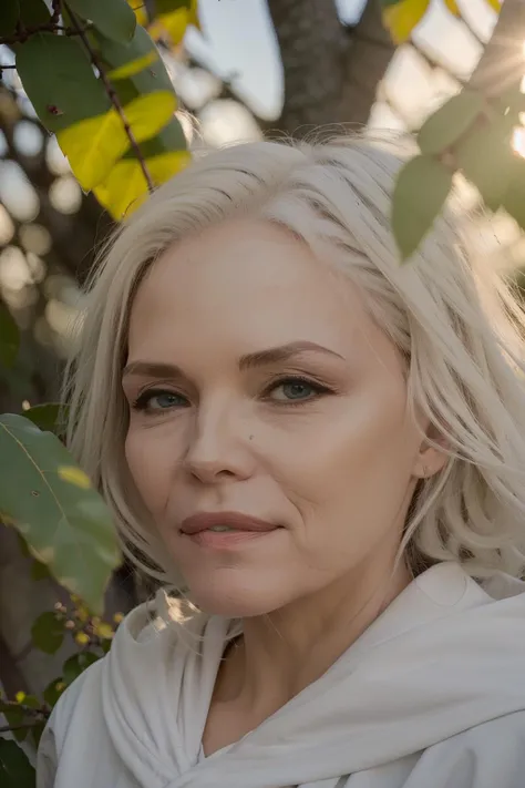 <lora:michelle-06:1> woman, michelle p,white hair,portrait, raincoat,Short telephoto focal length, Sunlight through leaves or branches creating patterns (Leaf/Branch Patterns)., Focused,