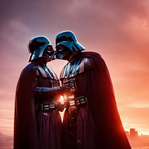 dart vader, by artgerm, cinematic 4k wallpaper,ultra detailed, high resolution, artstation, award winning, <lora:Darth_Vader-KK77-V1:0.8> darth vader, <lora:KISSING_V1:1> , couple kissing, kiss, 1boy, 1girl,french kiss, tongue out, steamy, breast press