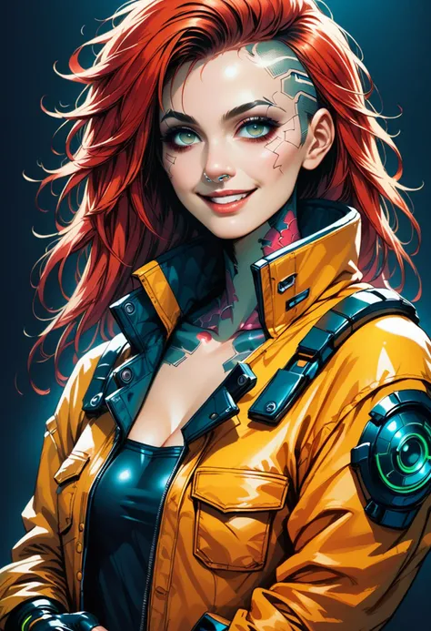 score_9, score_8_up, score_7_up, score_6_up, (rogue cyberpunk hacker) young woman, thai, light skin, light brown eyes, petite build, short fiery messy voluminous mane hair with shave sides, nose ring, wearing a cyberpunk prismatic jumpsuit with biometric sensors, tech-infused boots, fingerless gloves, drone, set in a high-security lab, with biometric scanners, advanced security systems, sleek furnishings, during a neon-lit rainstorm, woman smiling, masterpiece,best quality, detailed