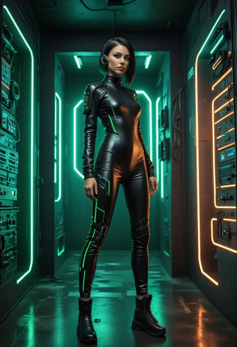 (medium full shot) of (edgy cyberpunk hacker) young woman, canadian, tan skin, light green eyes, lithe build, extra long black bob cut hair with shaved sides, labret piercing, wearing a cyberpunk prismatic jumpsuit with biometric sensors, tech-infused shoes, tech headset, EMP device, set in a hidden cyberpunk bunker, with glowing screens, metallic walls, futuristic furniture, during a neon-lit rainstorm, woman smiling, Masterpiece,best quality, photo, realistic, very aesthetic, detailed face,