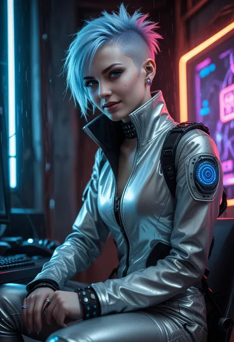(medium full shot) of (mysterious cyberpunk hacker) young woman, russian, pale skin, light Blue eyes, curvy build, short fiery spiked hair, nose piercing, wearing a cyberpunk silver jumpsuit with biometric sensors, platform boots with neon highlights, spiked choker, wrist-mounted computer, set in a hidden hacker hideout, with advanced computer setups, dim lighting, a secretive atmosphere , during a neon-lit rainstorm, woman smiling, Masterpiece,best quality, photo, realistic, very aesthetic, detailed face,