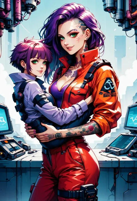 score_9, score_8_up, score_7_up, score_6_up, (shadowy cyberpunk hacker) young woman, arabian, mocha skin, dark green eyes, lithe build, medium deep purple spiked hair, ear piercings, wearing a cyberpunk red jumpsuit with biometric sensors, tech-infused boots, neon tattoos, carrying a cyber deck, set in a high-security lab, with biometric scanners, advanced security systems, sleek furnishings, woman smiling, masterpiece,best quality, detailed