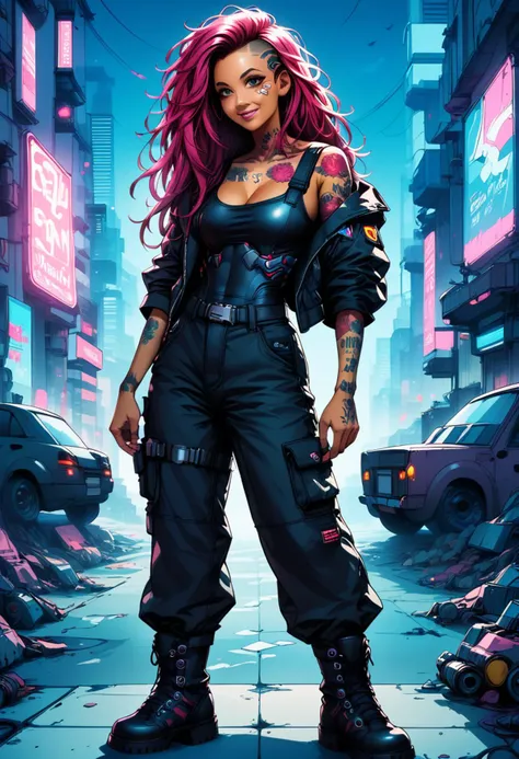 score_9, score_8_up, score_7_up, score_6_up, (rebellious cyberpunk hacker) young woman, black american, dark skin, brown eyes, voluptuous build, extra long pastel peach messy voluminous mane hair with shave sides, nose piercing, wearing a cyberpunk black tech-infused bodysuit, cargo pants, tech-infused boots, neon tattoos, holding a plasma blade, set in a sprawling cyberpunk city at night, with glowing skyscrapers, bustling streets, neon lights everywhere, woman smiling, masterpiece,best quality, detailed
