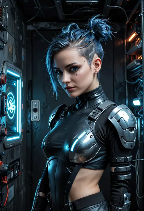 (medium full shot) of (edgy cyberpunk hacker) young woman, british, fair skin, hazel eyes, normal build, short deep blue hair bun with shaved sides, nose ring, wearing a cyberpunk silver stealth suit with augmented reality interface, high-top sneakers with LED lights, fingerless gloves, carrying a hacking device, set in a hidden cyberpunk bunker, with glowing screens, metallic walls, futuristic furniture, at night, woman smiling, ,Masterpiece,best quality, photo, realistic, very aesthetic, detailed face,