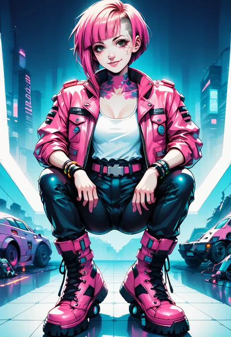 score_9, score_8_up, score_7_up, score_6_up, (shadowy cyberpunk hacker) young woman, thai, pale skin, brown eyes, petite build, short rainbow buzzcut, nose piercing, wearing a cyberpunk neon pink leather jacket, reinforced pants with gadget holsters, enhanced boots, cyberpunk bracelet, drone, set in a neon-infused underground club, with vibrant colors, tech-infused dance floors, futuristic seating, during a neon-lit rainstorm, woman smiling, masterpiece,best quality, detailed