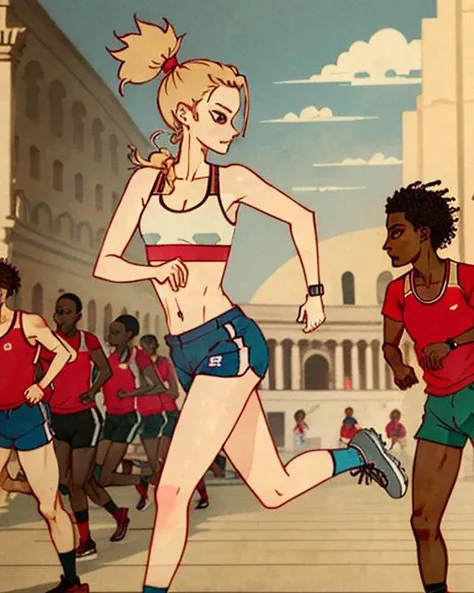 (masterpiece, official art), hieroglyph, 1girl, red ponytail, sport bra, shorts, sneakers, full body, running, crowded background, coliseum, <lora:hieroglyph-10_v6:0.9>
