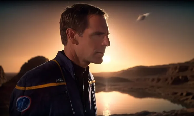 cinematic film still breathtaking <lora:captain_archer_10x114:1> captain_archer, man, Alien planet, 4K resolution, (extraterrestrial landscape), (vibrant sky with two moons), (otherworldly flora), (futuristic explorer gear), (sense of wonder), (rich and intricate details), (photo-realistic quality), (mysterious atmosphere), (shimmering alien lakes), (vast horizon), (unearthly colors), (dynamic shadows) . award-winning, professional, highly detailed . shallow depth of field, vignette, highly detailed, high budget Hollywood movie, bokeh, cinemascope, moody, epic, gorgeous, film grain, grainy