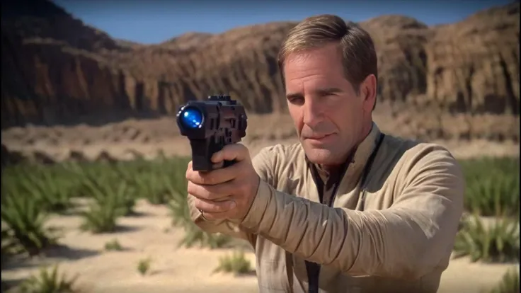 cinematic film still breathtaking scott bakula as <lora:captain_archer_10x114:1.2> captain_archer, man, Alien planet, 4K resolution, (extraterrestrial landscape), (vibrant sky with two moons), (otherworldly flora), (futuristic explorer gear),(jungle:1.6) (sense of wonder), (rich and intricate details), (photo-realistic quality), (mysterious atmosphere), (shimmering alien lakes), (vast horizon), (unearthly colors), (dynamic shadows), ((( using phaser))) . award-winning, professional, highly detailed . shallow depth of field, vignette, highly detailed, high budget Hollywood movie, bokeh, cinemascope, moody, epic, gorgeous, film grain, grainy, ((Stock Photography))