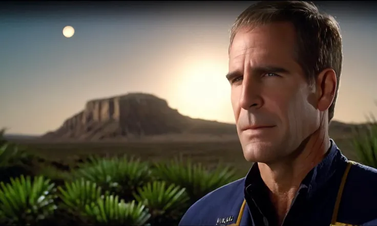 cinematic film still breathtaking scott bakula as <lora:captain_archer_10x114:1> captain_archer, man, Alien planet, 4K resolution, (extraterrestrial landscape), (vibrant sky with two moons), (otherworldly flora), (futuristic explorer gear),(jungle:1.6) (sense of wonder), (rich and intricate details), (photo-realistic quality), (mysterious atmosphere), (shimmering alien lakes), (vast horizon), (unearthly colors), (dynamic shadows)    . award-winning, professional, highly detailed . shallow depth of field, vignette, highly detailed, high budget Hollywood movie, bokeh, cinemascope, moody, epic, gorgeous, film grain, grainy