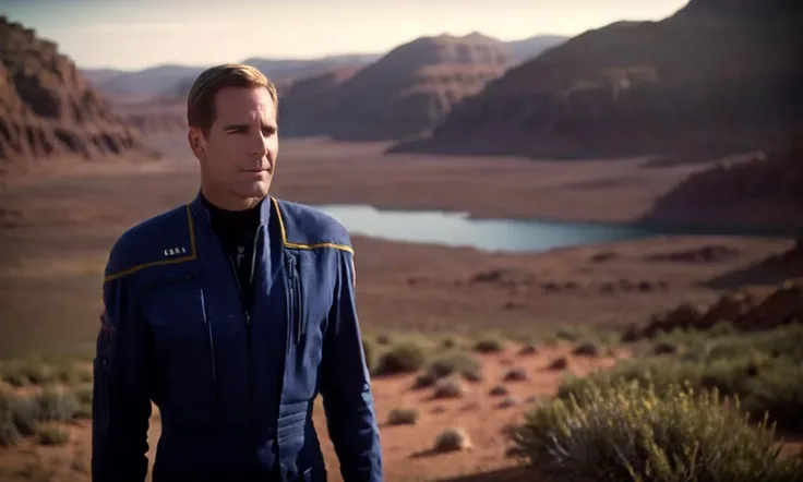 cinematic film still breathtaking <lora:captain_archer_10x114:1> captain_archer, man, Alien planet, 4K resolution, (extraterrestrial landscape), (vibrant sky with two moons), (otherworldly flora), (futuristic explorer gear), (sense of wonder), (rich and intricate details), (photo-realistic quality), (mysterious atmosphere), (shimmering alien lakes), (vast horizon), (unearthly colors), (dynamic shadows) . award-winning, professional, highly detailed . shallow depth of field, vignette, highly detailed, high budget Hollywood movie, bokeh, cinemascope, moody, epic, gorgeous, film grain, grainy