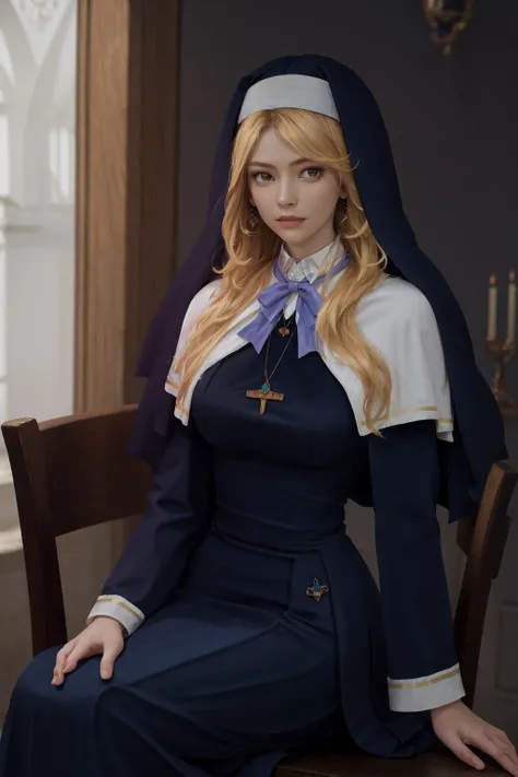 masterpiece, best quality, highres, 1girl sharon holygrail, nun capelet blue dress long sleeves long skirt blue skirt necklace earrings purple bowtie <lora:sharon_holygrail:1> (photorealistic:1.2), sitting