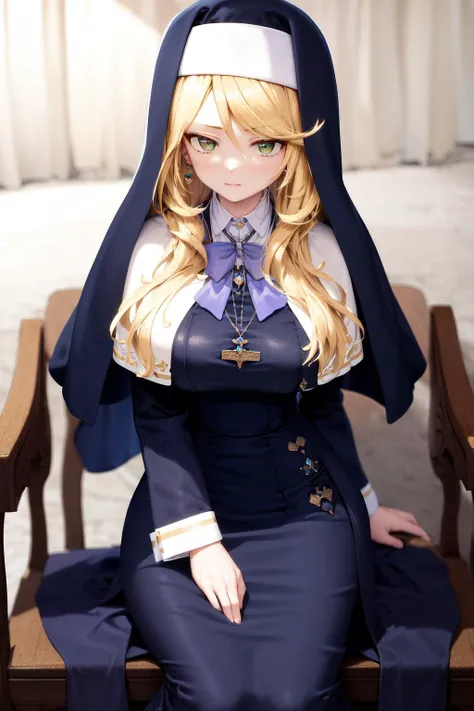 masterpiece, best quality, highres, 1girl sharon holygrail, nun capelet blue dress long sleeves long skirt blue skirt necklace earrings purple bowtie <lora:sharon_holygrail:1> sitting on chair