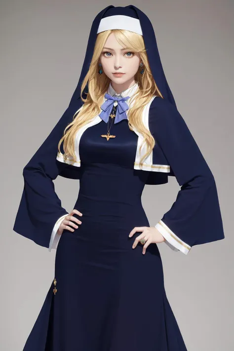 masterpiece, best quality, highres, 1girl sharon holygrail, nun capelet blue dress long sleeves long skirt blue skirt necklace earrings purple bowtie <lora:sharon_holygrail:1> (photorealistic:1.2), hand on hip