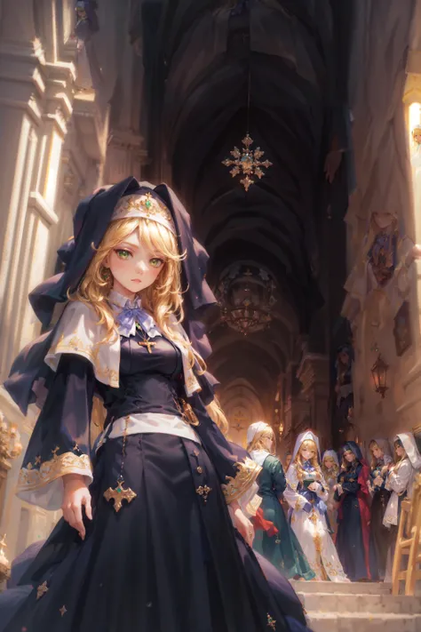 bangs, black dress, blonde hair, breasts, capelet, cloak, dress, habit, holding, hood, hood up, hooded cloak, indoors, jewelry, long hair, long sleeves, looking at viewer, multiple girls, multiple boys, priest, nun, robe, standing, sharon holygrail, nun capelet blue dress long sleeves long skirt blue skirt necklace earrings purple bowtie, <lora:sharon_holygrail:1>, <lora:add_detail:0.4>