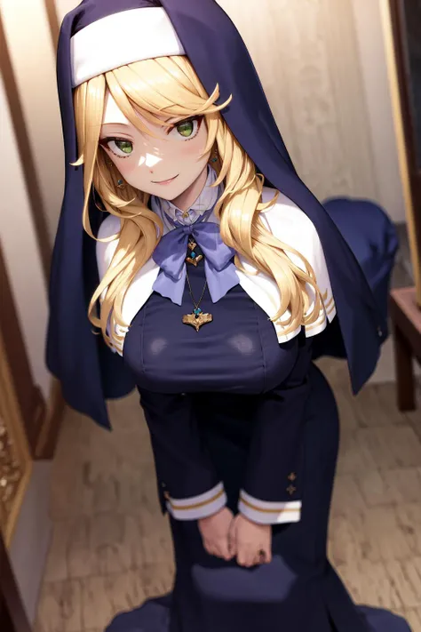 masterpiece, best quality, highres, 1girl sharon holygrail, nun capelet blue dress long sleeves long skirt blue skirt necklace earrings purple bowtie <lora:sharon_holygrail:1>leaning forward, smile