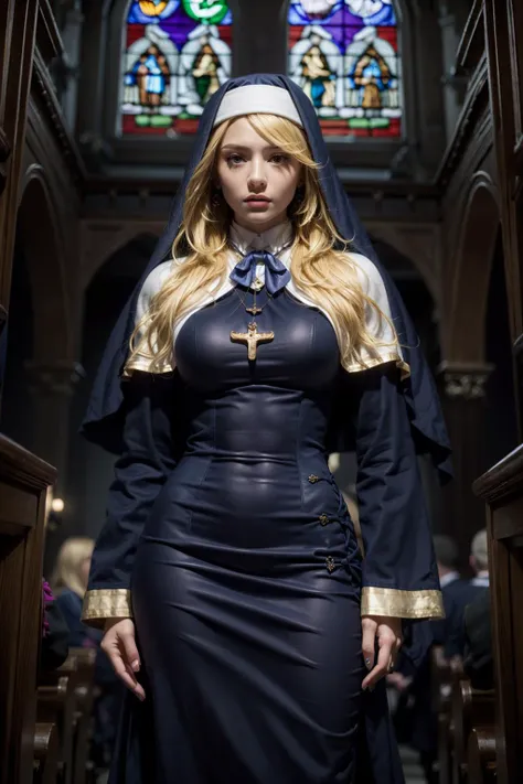 (realistic:1.3), finely detailed, quality, rembrandt lighting, (masterpiece:1.2), (photorealistic:1.2), (best quality), (detailed skin:1.3), (intricate details), dramatic, ray tracing, 1girl, sharon holygrail, blonde hair, serious face, medium breasts, nun, capelet, blue dress, long sleeves, long skirt, blue skirt, necklace, earrings, purple bowtie, (gothic church, stained glass windows, dramatic lighting), <lora:sharon_holygrail:1>
