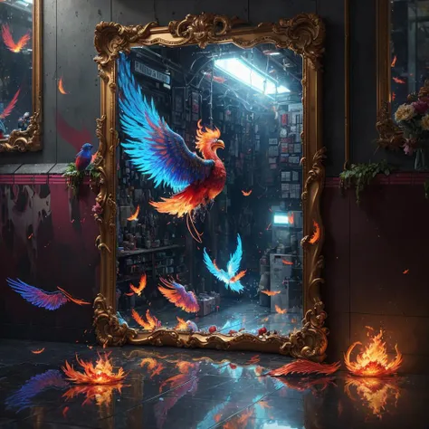 ((flaming wings)), creativity, (floating rock, ultra high res), StacyHiggins, highly detailed, (Magic mirror), tools on floor in background, ruby in a lush starry print subway station with flowers and birds, observation, intricate, pixiv, scene detail extreme objects, concrete walls, loving, electric blue shirt, dramatic+