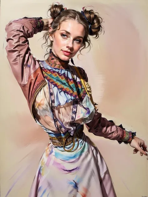smile, arched eyebrow,  closeup from front, (looking at viewer:1.3), facing forward,  StacyHiggins, round face, bright teetth, wearing a  dress,  big breasts, small waist, detailed face, hair in bun, bright eyes, <lora:1900_dress_v2:1>, tight sleeves,  closed jacket  <lora:age_slider_v20:1.25> <lora:ClothingAdjuster3:0.35>