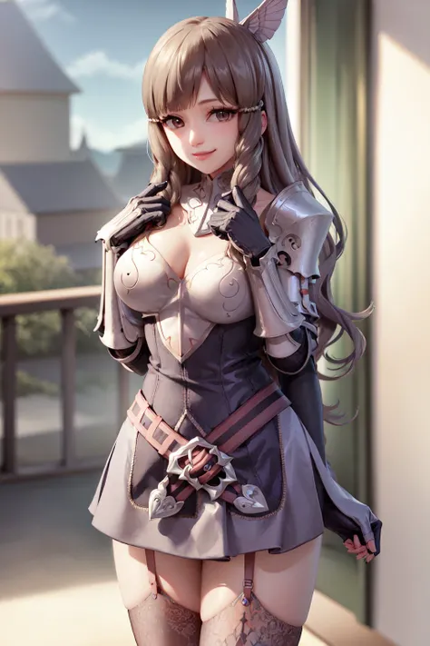(masterpiece, best quality:1.2), <lora:fireemblem_sumia-10:1>, cowboy shot, solo, 1girl, sumia \(fire emblem\), smile, closed mouth, looking at viewer, hand on own chest, armored dress, thighhighs, garter belt, gloves
