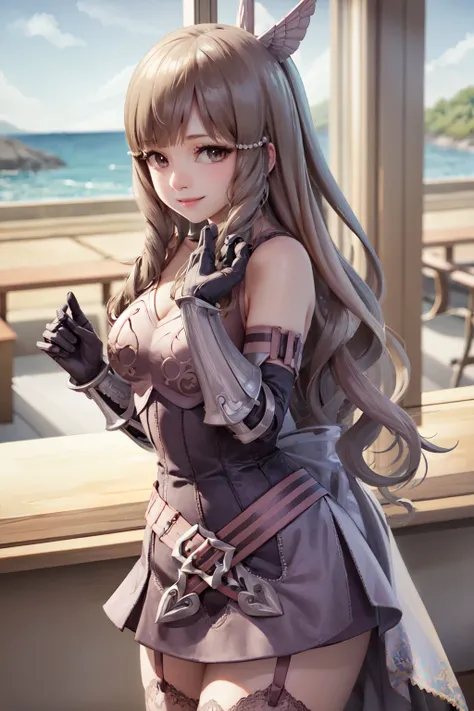 (masterpiece, best quality:1.2), <lora:fireemblem_sumia-10:1>, cowboy shot, solo, 1girl, sumia \(fire emblem\), smile, closed mouth, looking at viewer, hand on own chest, armored dress, thighhighs, garter belt, gloves